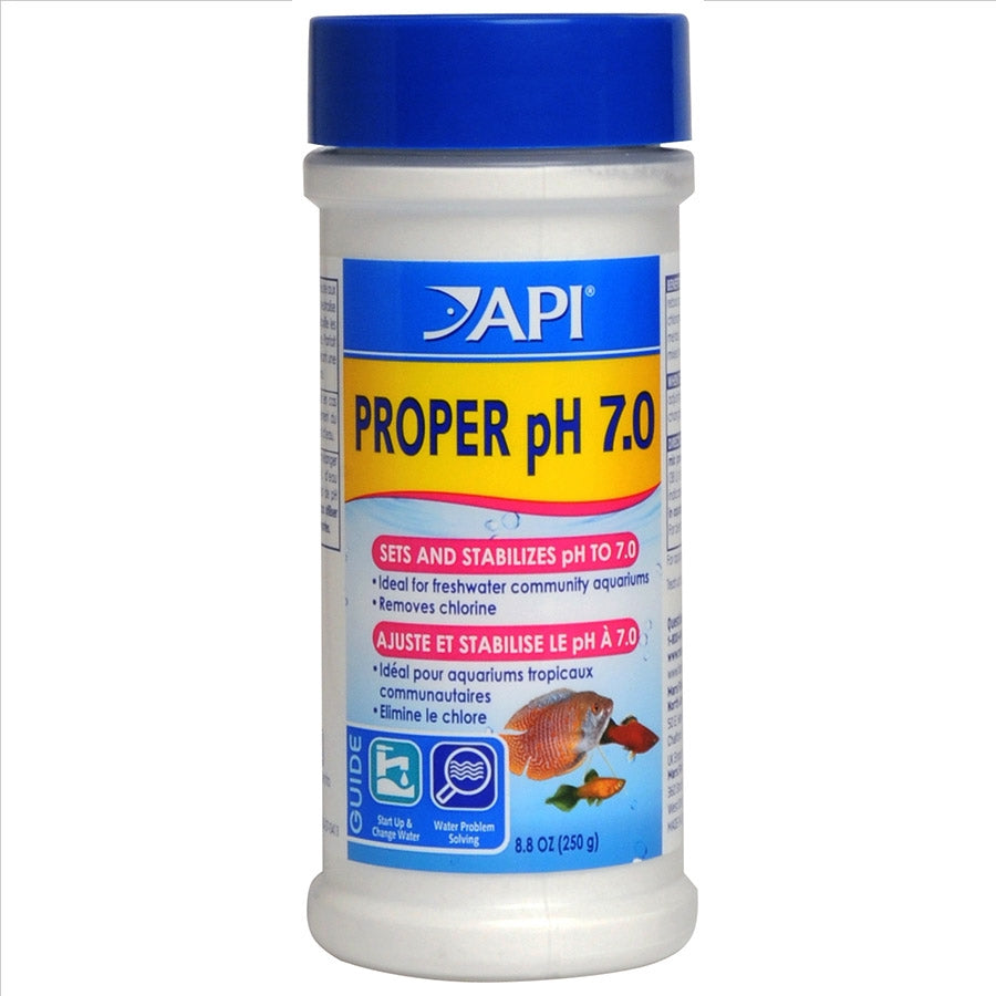 A plastic bottle of API PROPER pH 7.0 powder for aquarium water treatment.