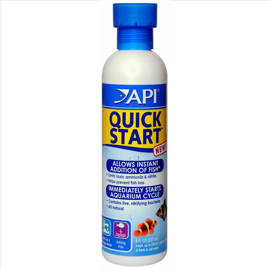 A bottle of API Quick Start aquarium water treatment with a blue cap and label featuring images of fish and aquatic plants.