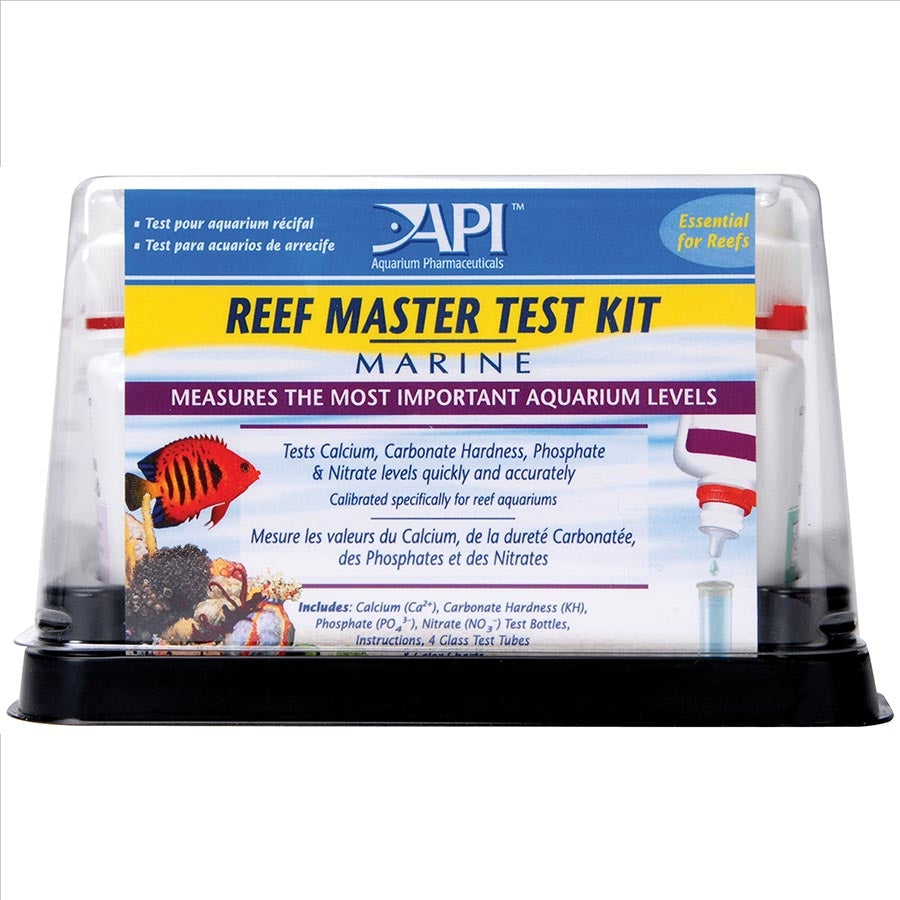 API Reef Master Test Kit for aquarium water testing, packaging with clear dome containing liquid reagents and test tubes.