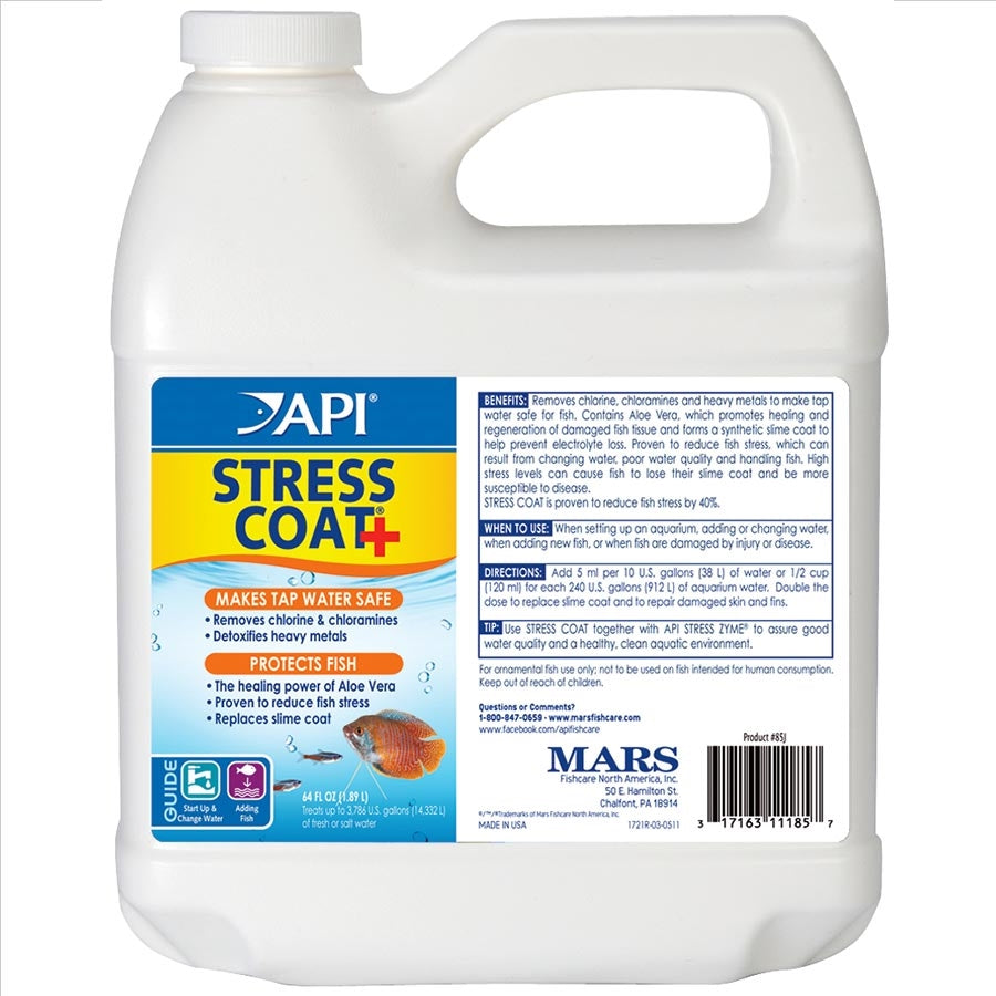 A white plastic bottle with a label that includes the brand name 'API' and the product name 'STRESS COAT'. There is a picture of a fish and some aquatic plants on the label, and text that provides product information.