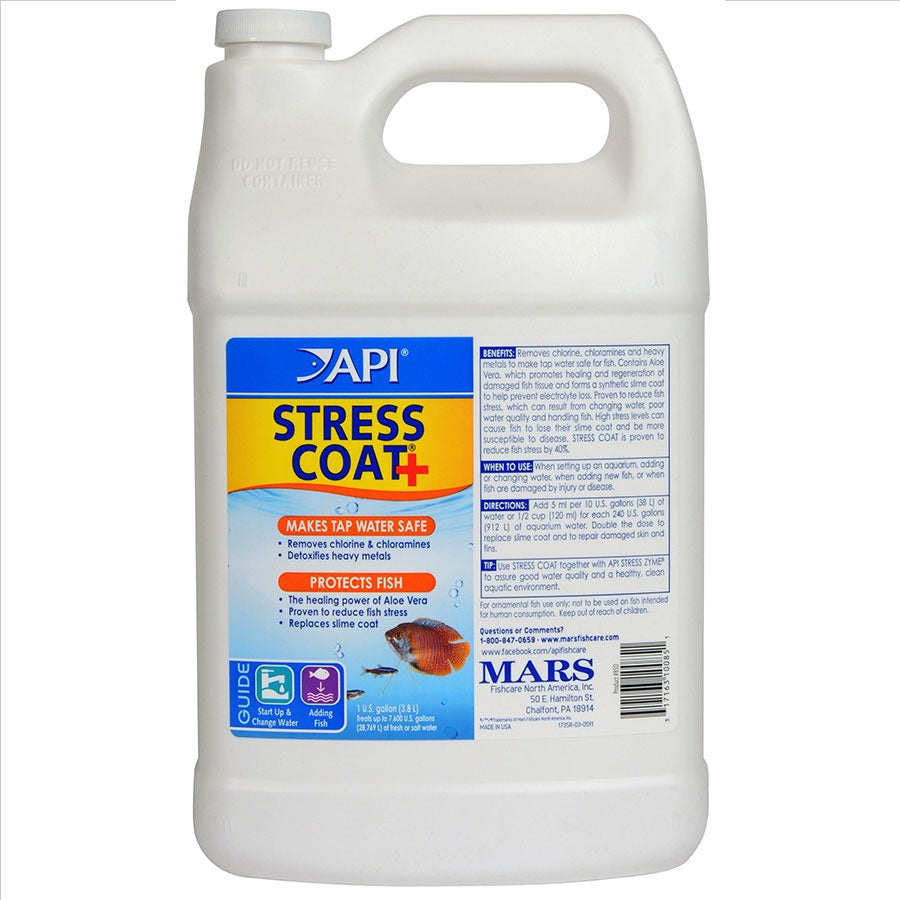A plastic bottle of API Stress Coat with a label showing product information and a fish illustration.