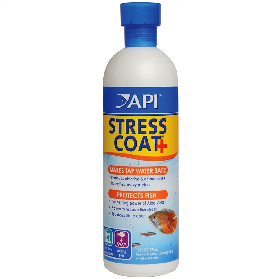 A bottle of API Stress Coat with a blue cap. The label shows an image of a fish and details about the product's function in maintaining aquarium water quality.