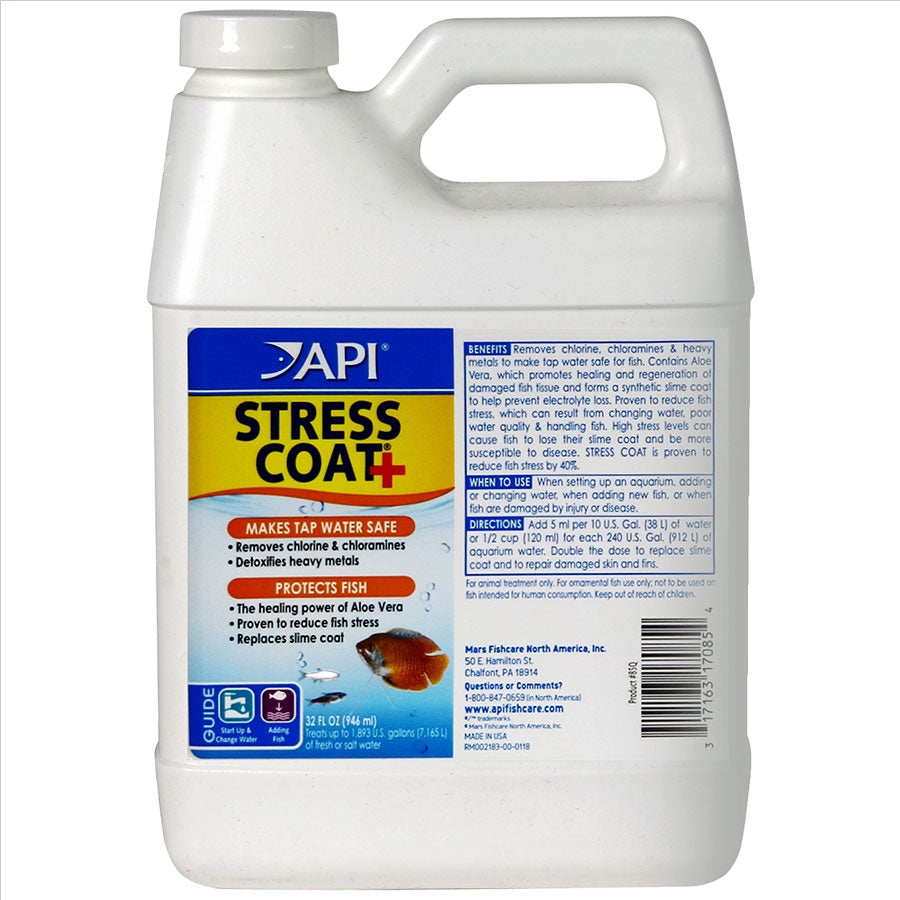 A bottle of API Stress Coat with product information and branding visible.