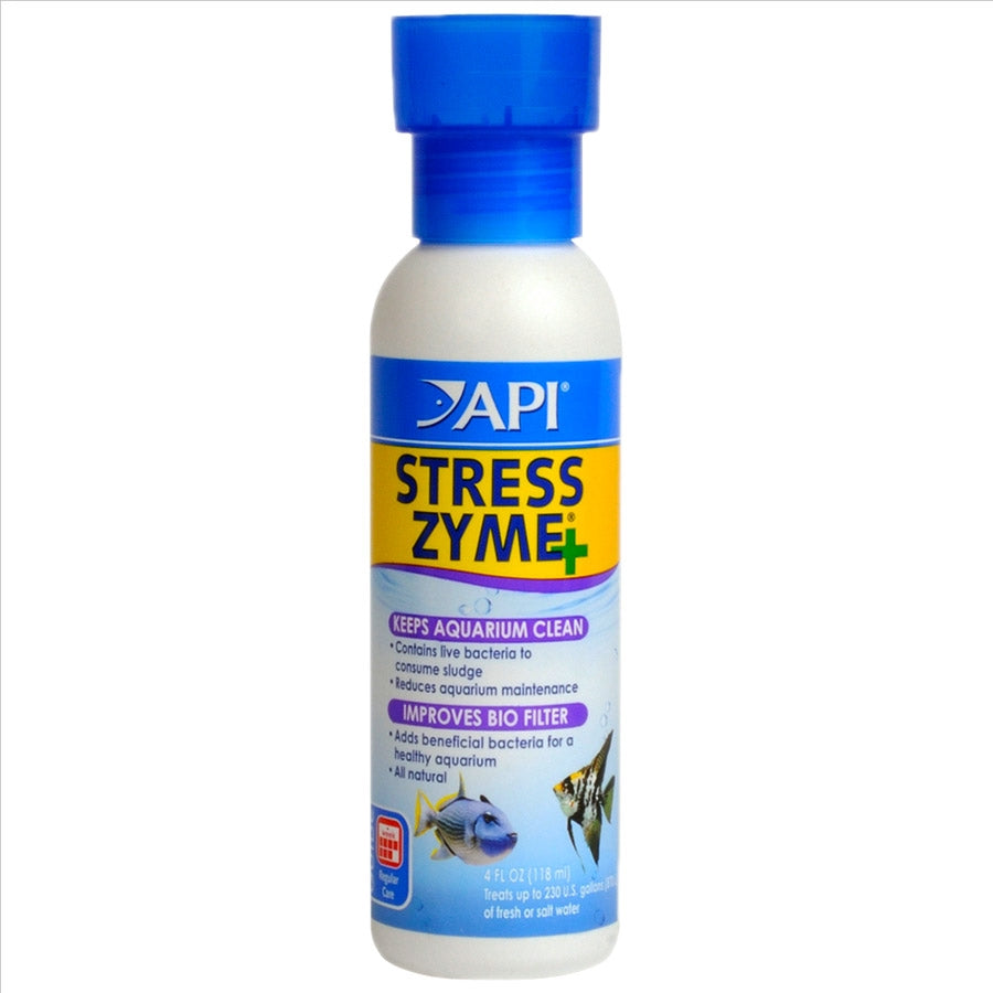 A bottle of API Stress Zyme with a blue cap. The label displays information about the product, including that it helps keep aquariums clean and improves biological filtration.