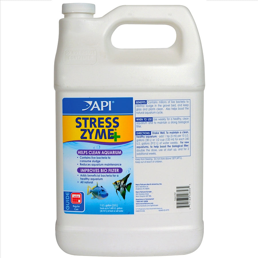 A white plastic bottle of API Stress Zyme with product information and branding visible.
