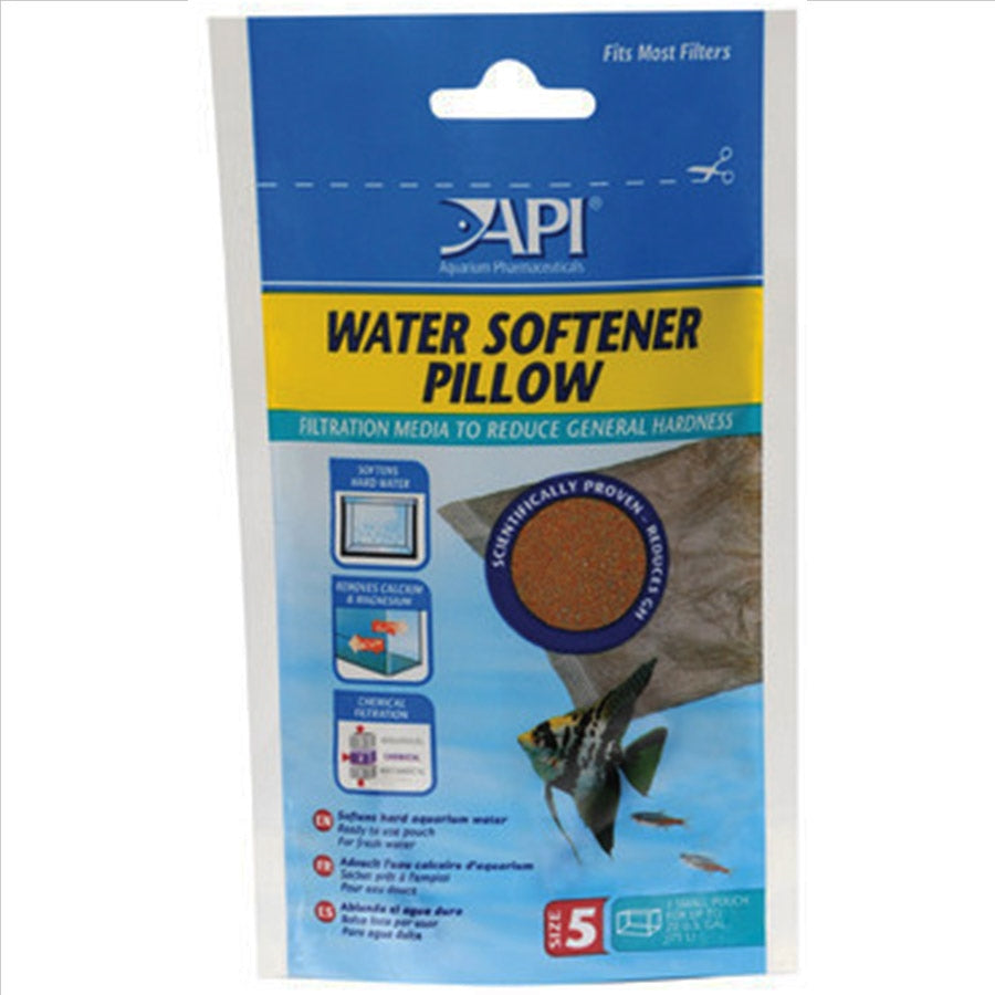 Packaging of API Water Softener Pillow with product visible through a cut-out window, depicting a brown pillow and information related to water treatment.