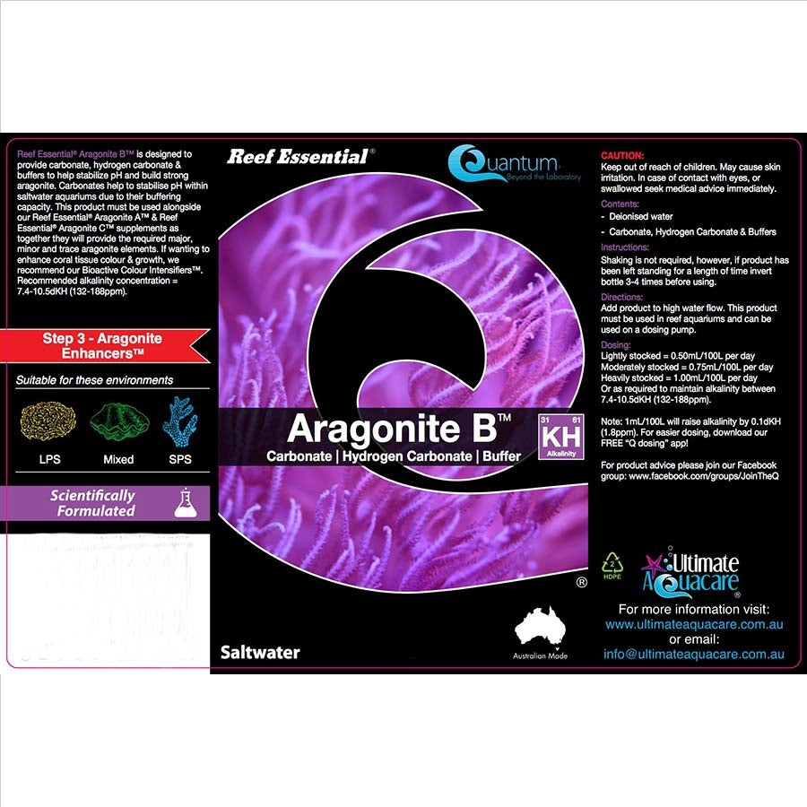 Quantum Reef Essential 250ml Aragonite B - Carbonate, Hydrogen Carbonate, Buffer