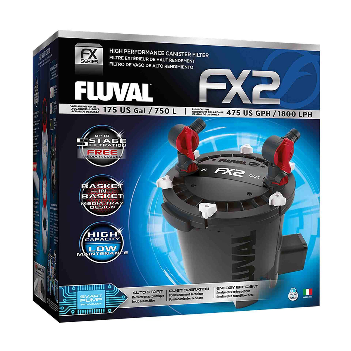 Packaging box of the Fluval FX2 High Performance Canister Filter, displaying the filter unit, specifications, and brand logos.