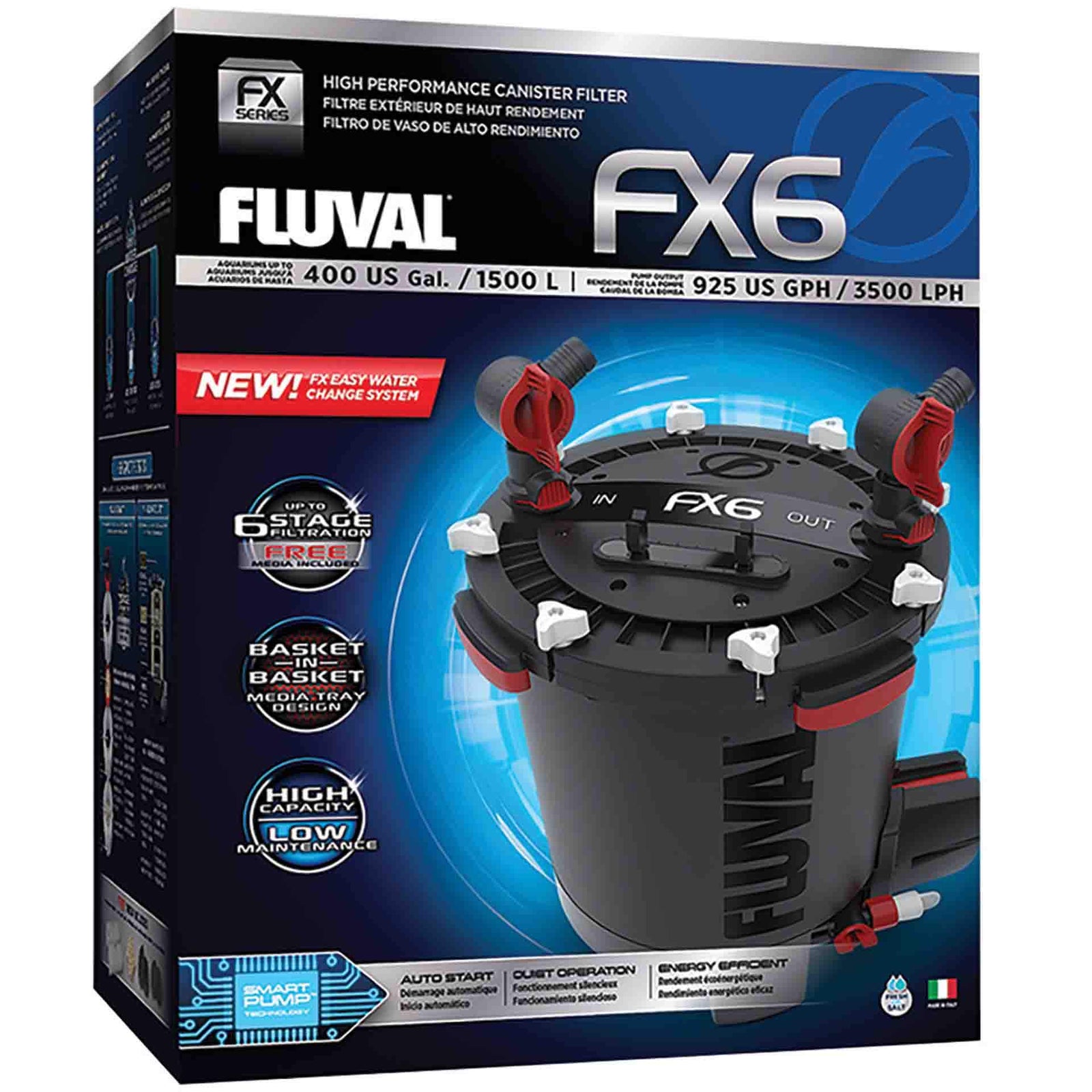 Packaging box of the Fluval FX6 V2 Giant Canister Filter showcasing the product and its features.